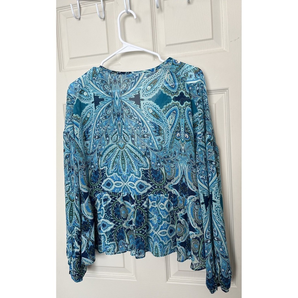 Belle Sky Sheer Ruffle Blouse Turquoise Paisley Womens M Whimsy Boho - Picture 6 of 9